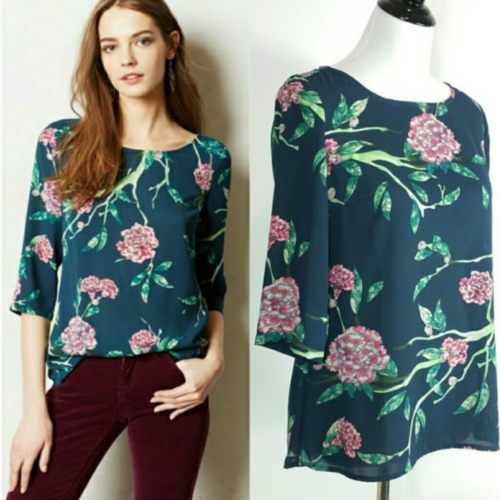 Anthropologie Floral Peony Blouse Navy Pink Size 6